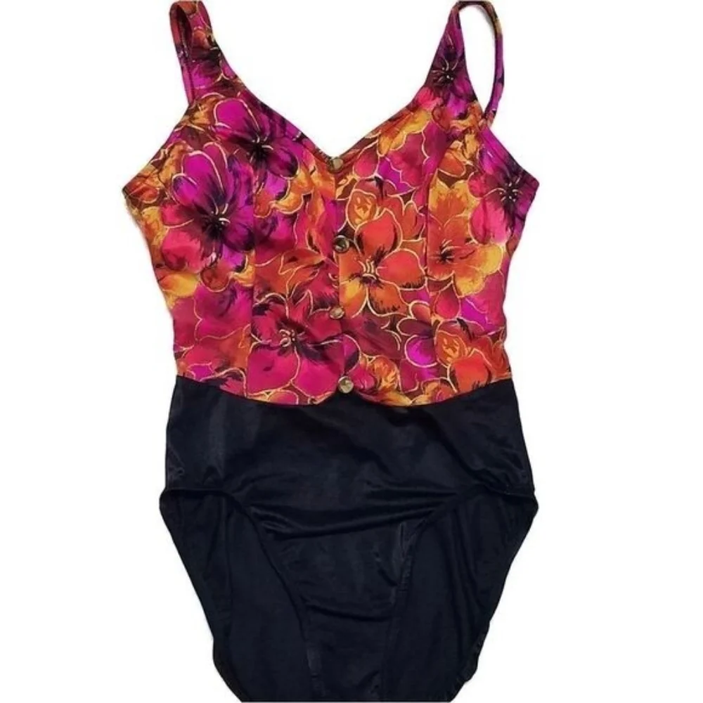 Jantzen Vintage Gold Foil Floral Black Colorblock Backless One-piece Swimsuit 12